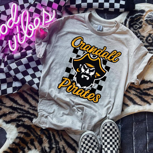 Crandall Pirates Black Checkered Background with Yellow Gold Outline
