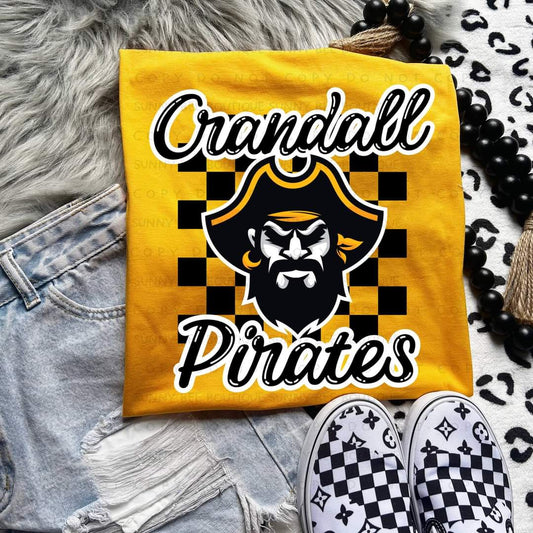 Crandall Pirates Black Checkered Background with White Outline T-Shirt