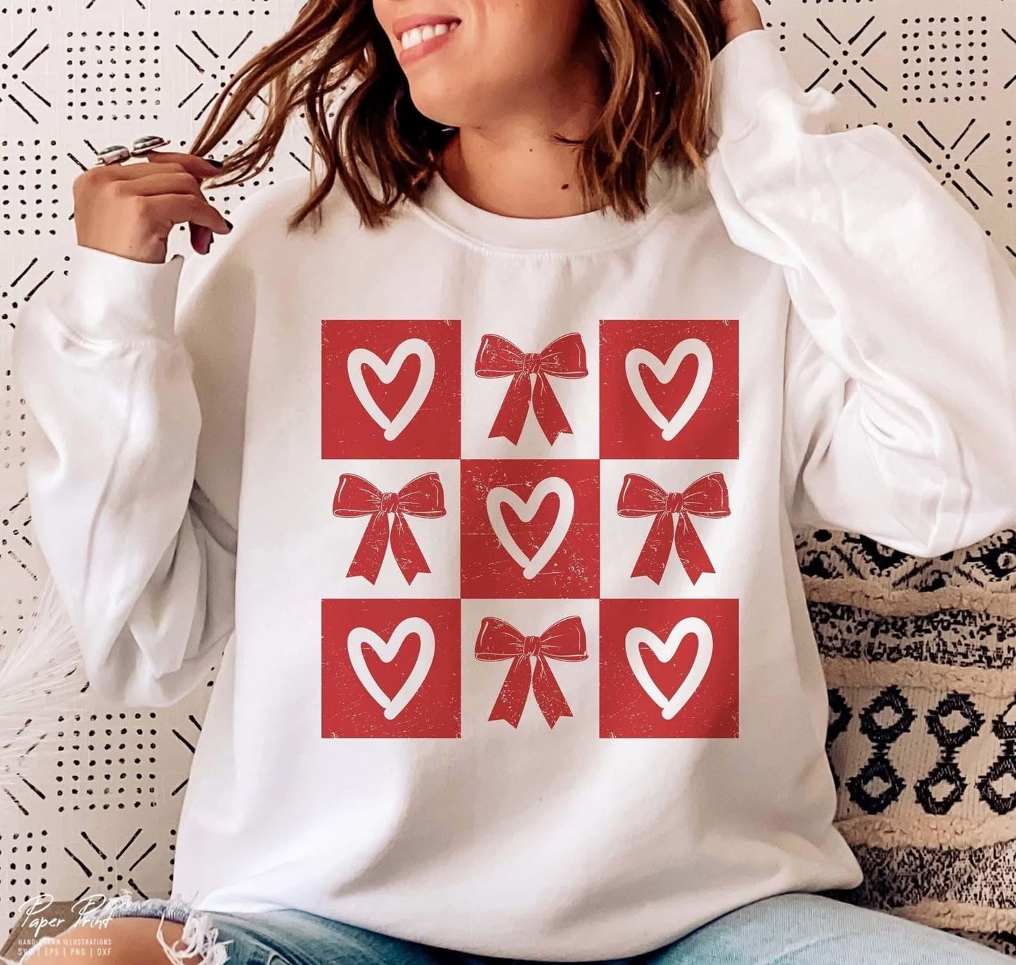 Hearts and Bows Grid on White Sweatshirt