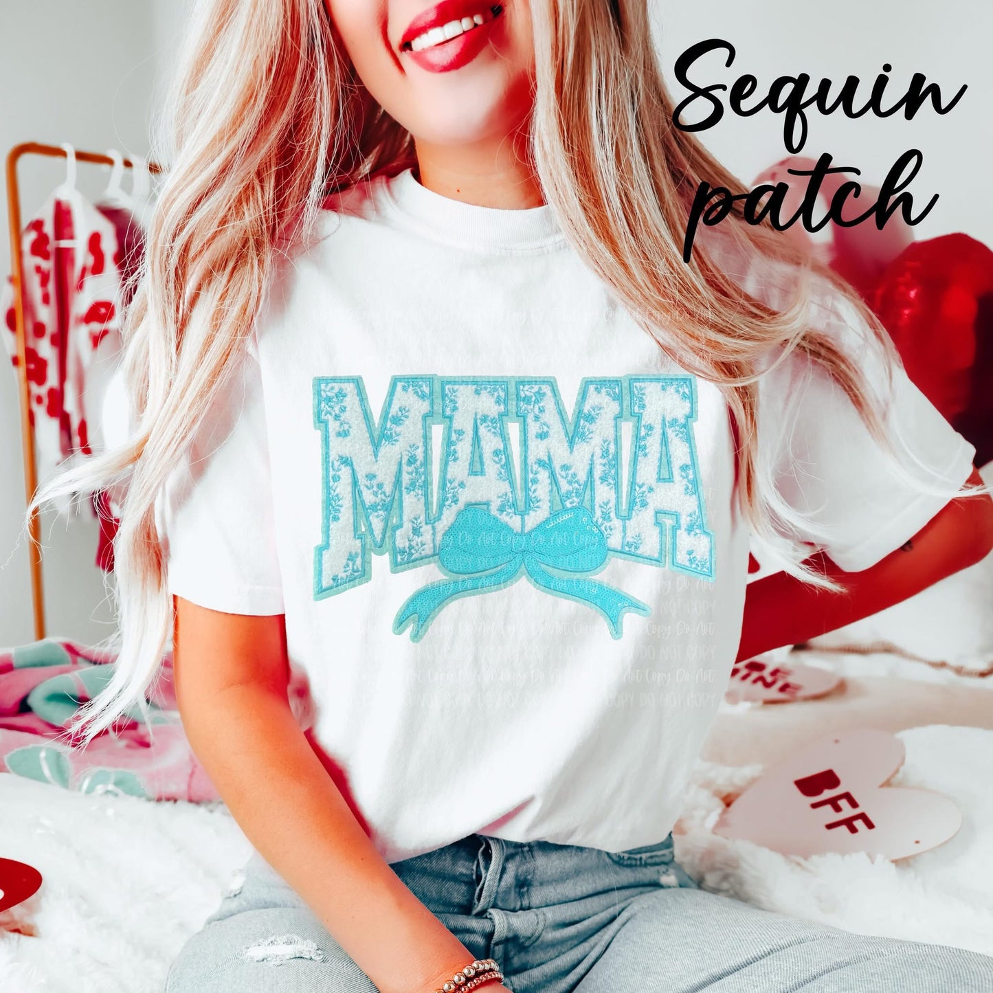 Mama Blue Floral Bow Sequin Patch Tee