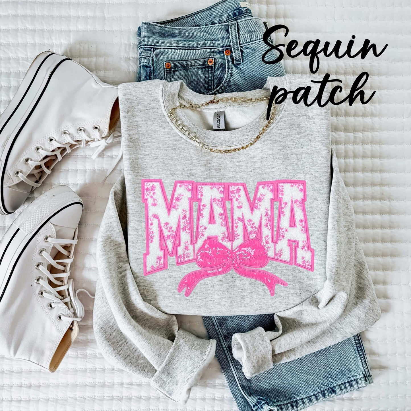 Mama Pink Floral Bow Sequin Patch Sweatshirt