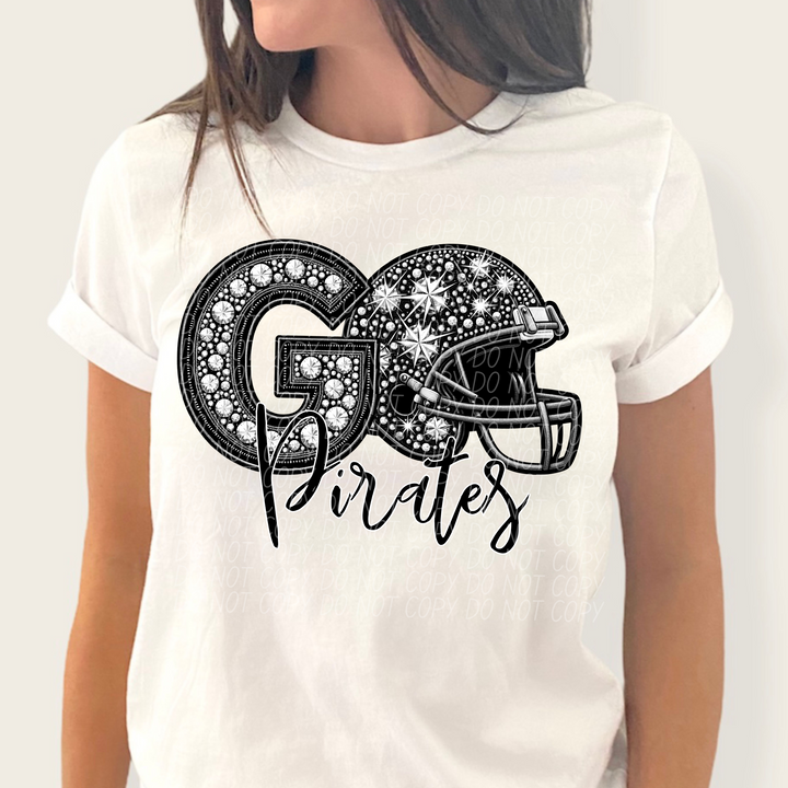 Go Pirates Faux Rhinestone Football Helmet Graphic