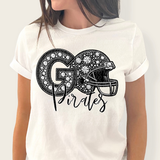 Go Pirates Faux Rhinestone Football Helmet Graphic