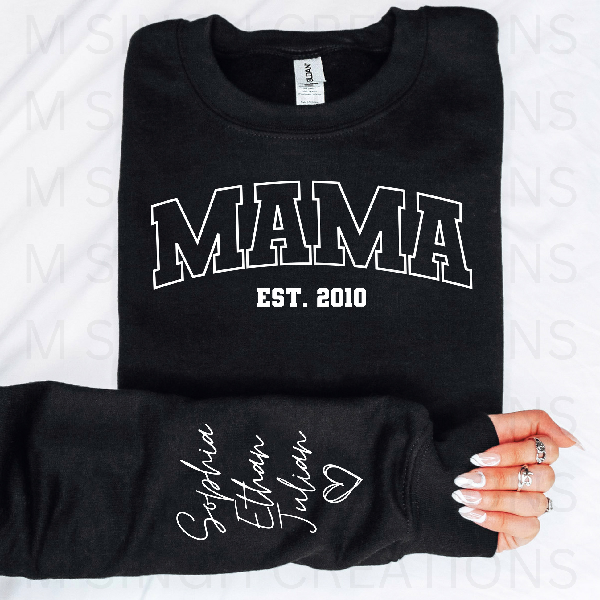 Custom Mama Crewneck with EST Date and Children's Names on the Sleeve